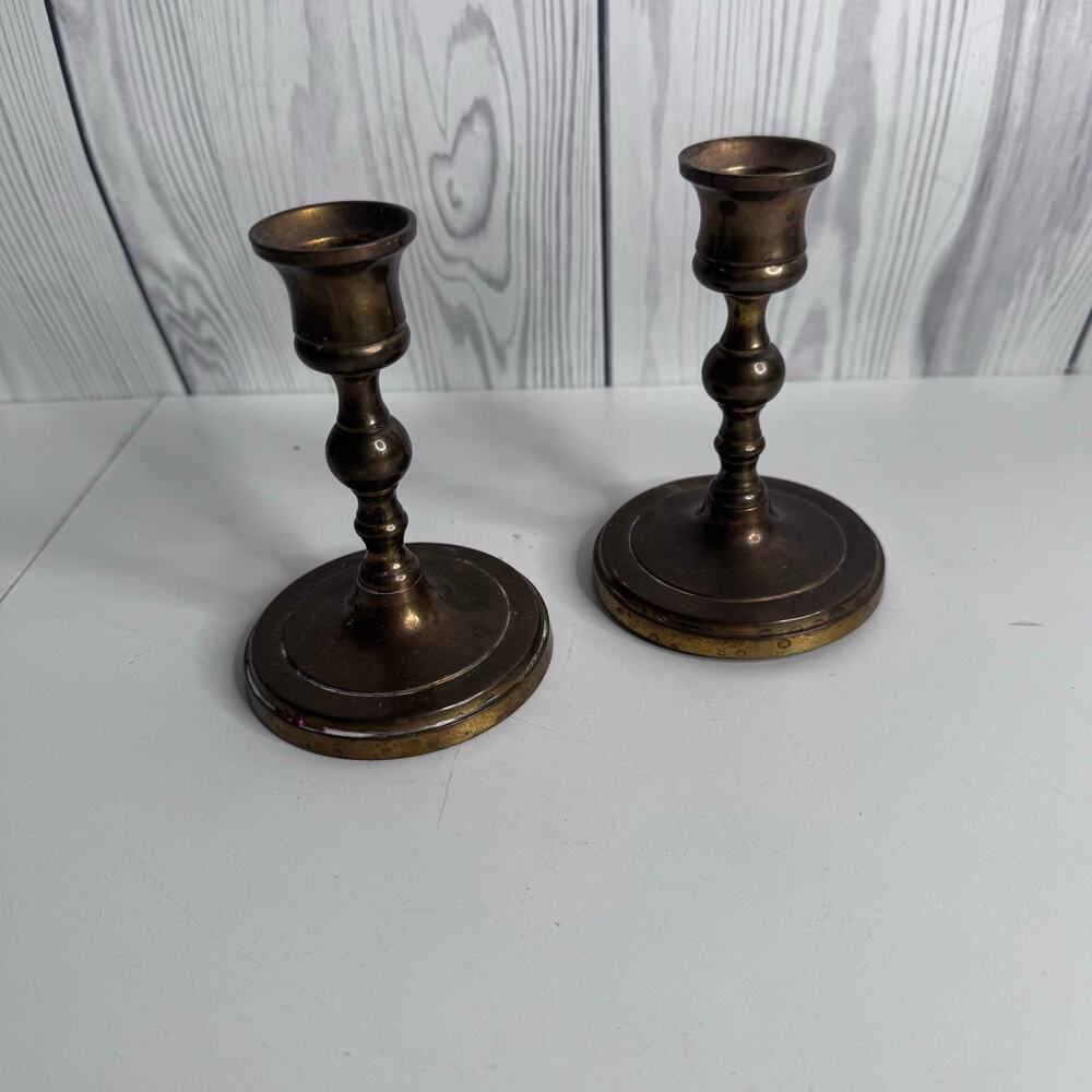 Set of 2 Vintage Brass Candlestick Holders Matching Pair Patina 5”
